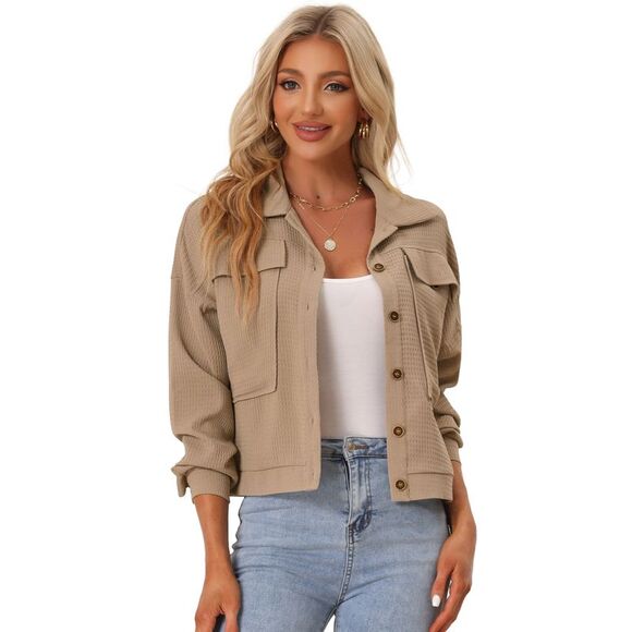 Waffle Shacket Jacket Drop Shoulder Pockets Collared Shirt Jackets Khaki - Picture 1 of 6